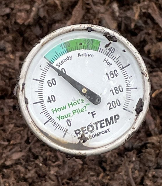 Compost thermometer reading approximately 130°F during the active composting phase, indicating effective pathogen reduction and microbial activity.