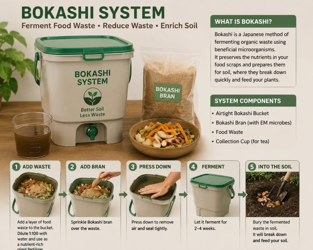Illustration showing a Bokashi composting system with a Bokashi bucket, bran, food scraps, and the five-step process of fermenting kitchen waste before adding it to garden soil.