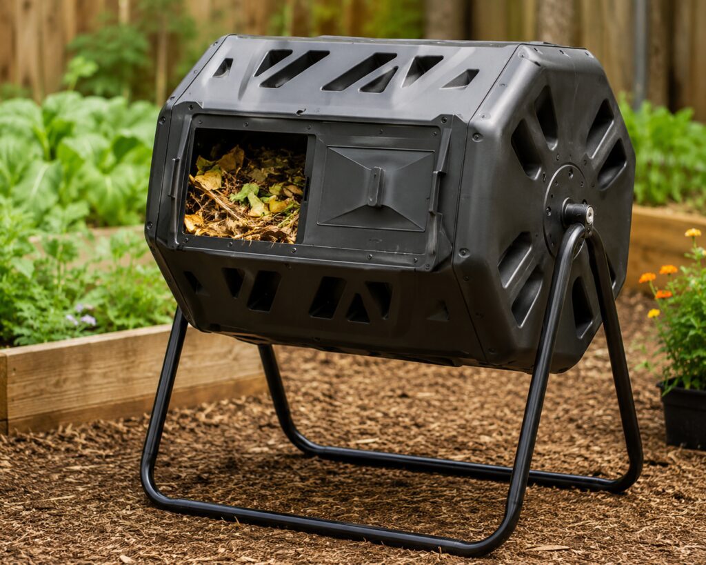 Black compost tumbler used for hot composting yard waste and food scraps in a backyard garden as part of a home composting system.