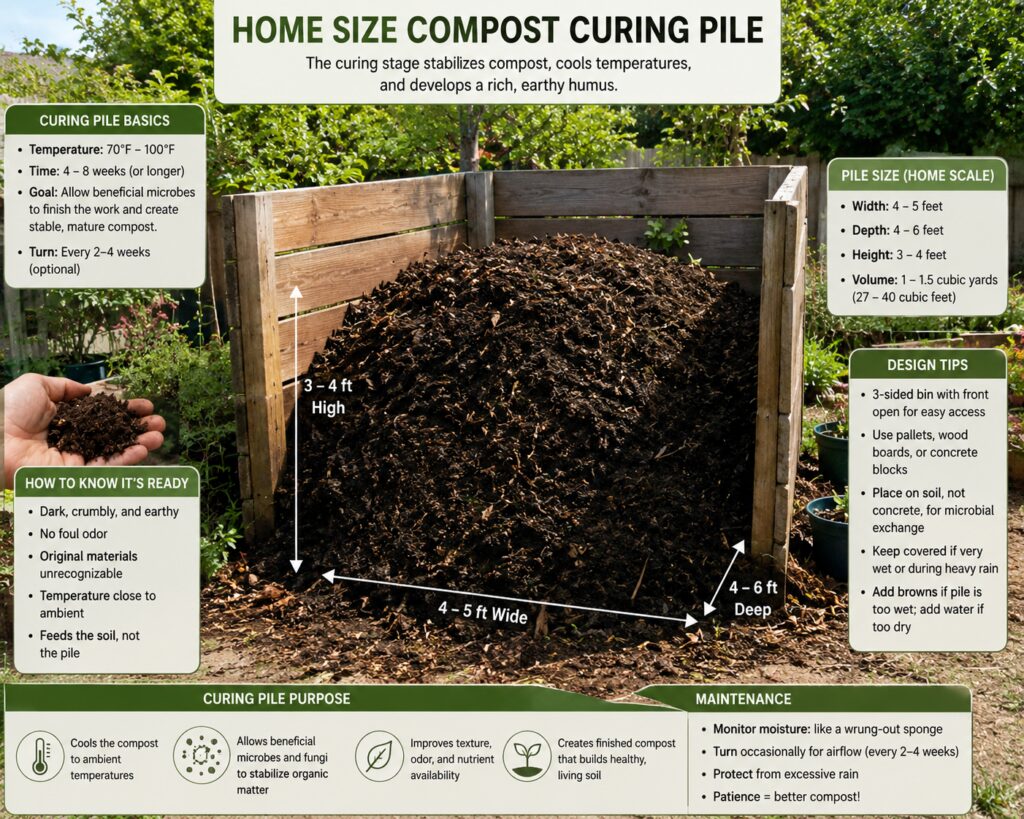 Home compost curing pile in a three-sided wooden bin where finished compost stabilizes and matures before being applied to garden soil.