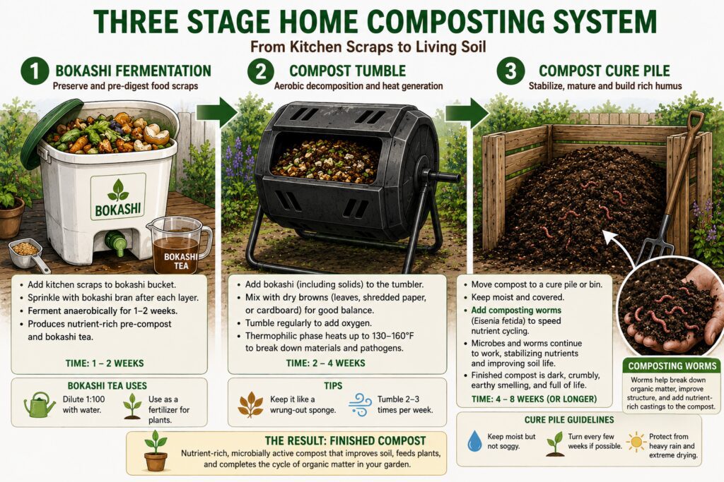 Diagram showing a three-stage home composting system with Bokashi fermentation, hot composting in a tumbler, and a compost curing pile to produce finished compost for healthy soil.