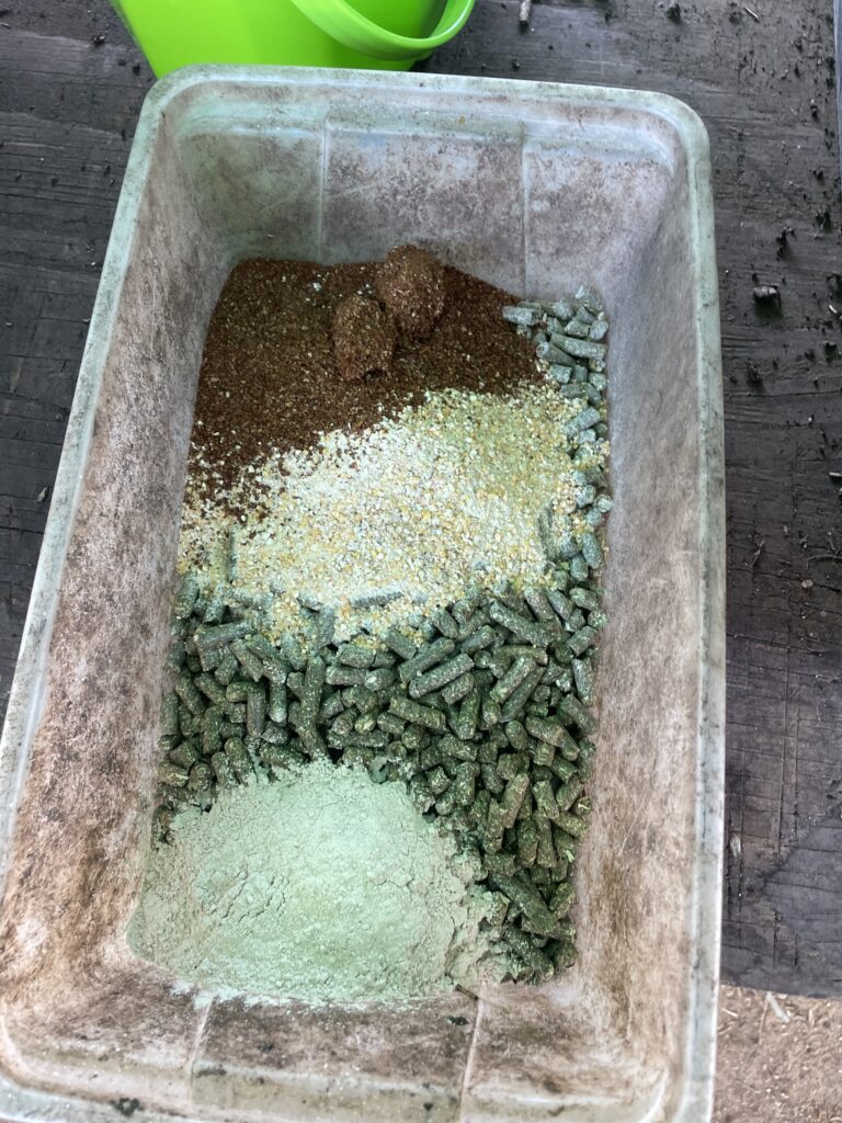 Corn meal, alfalfa pellets, granular molasses, and azomite prepared for pre-composting