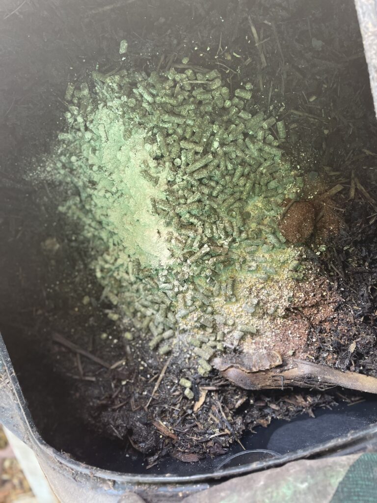 Corn meal, alfalfa pellets, granular molasses, and azomite added to arbor mulch in a compost tumbler