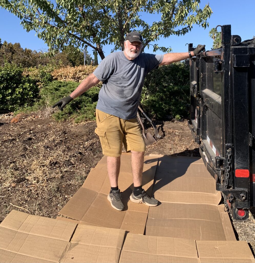 Chris stands beside a mulch trailer on cardboard at the rose garden site.